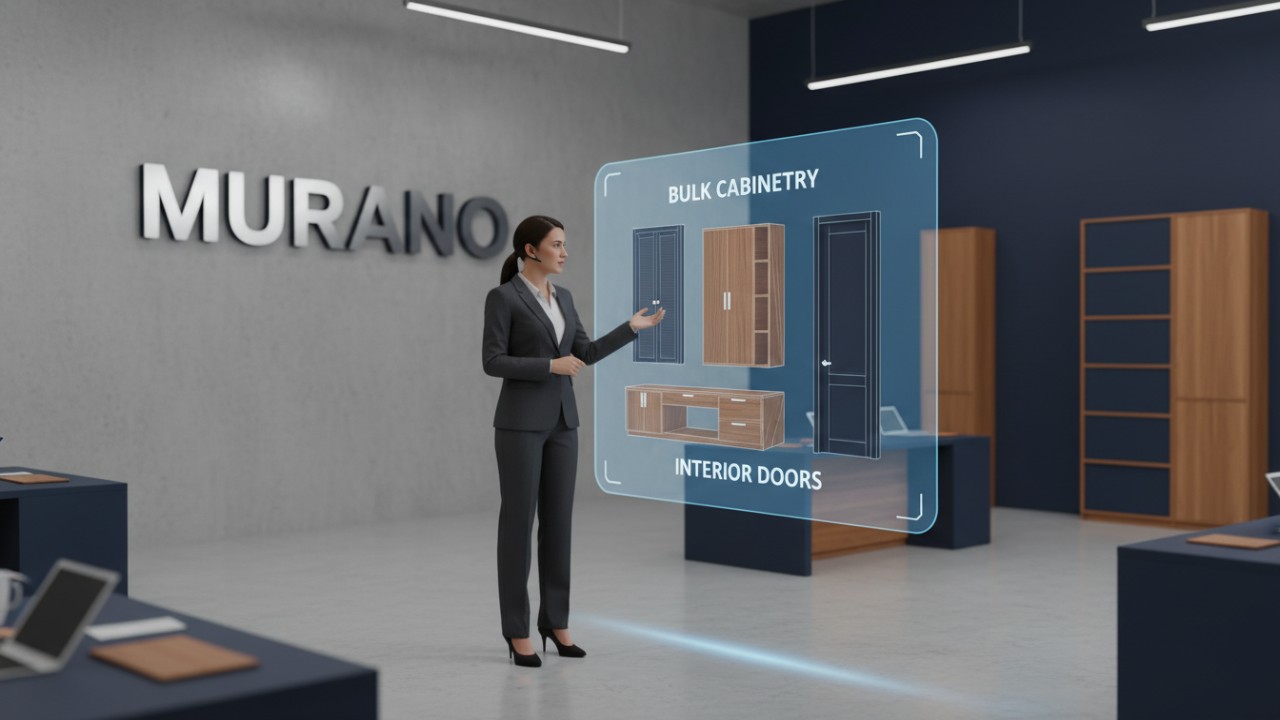 A professional procurement manager interacting with 3D furniture models in a modern office with the Murano brand name on the wall.