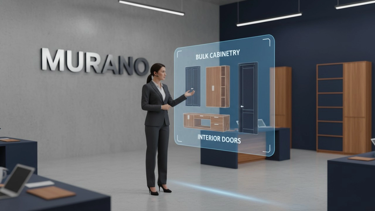 A professional procurement manager interacting with 3D furniture models in a modern office with the Murano brand name on the wall.