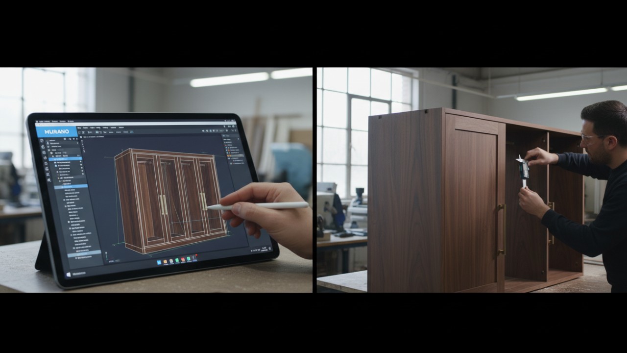 A technical design and prototyping workflow showing a furniture blueprint and a physical cabinet being measured with Murano branding on a tablet.