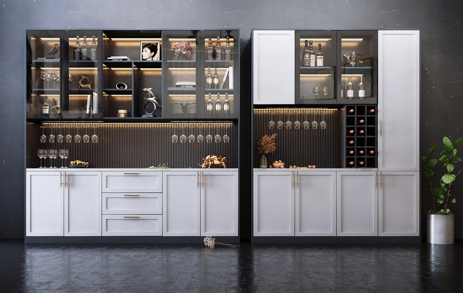 Modern built-in bar cabinets with white doors, gray framed glass shelves, and wine rack. Modern built-in bar cabinets with white doors, gray framed glass shelves, and wine rack.