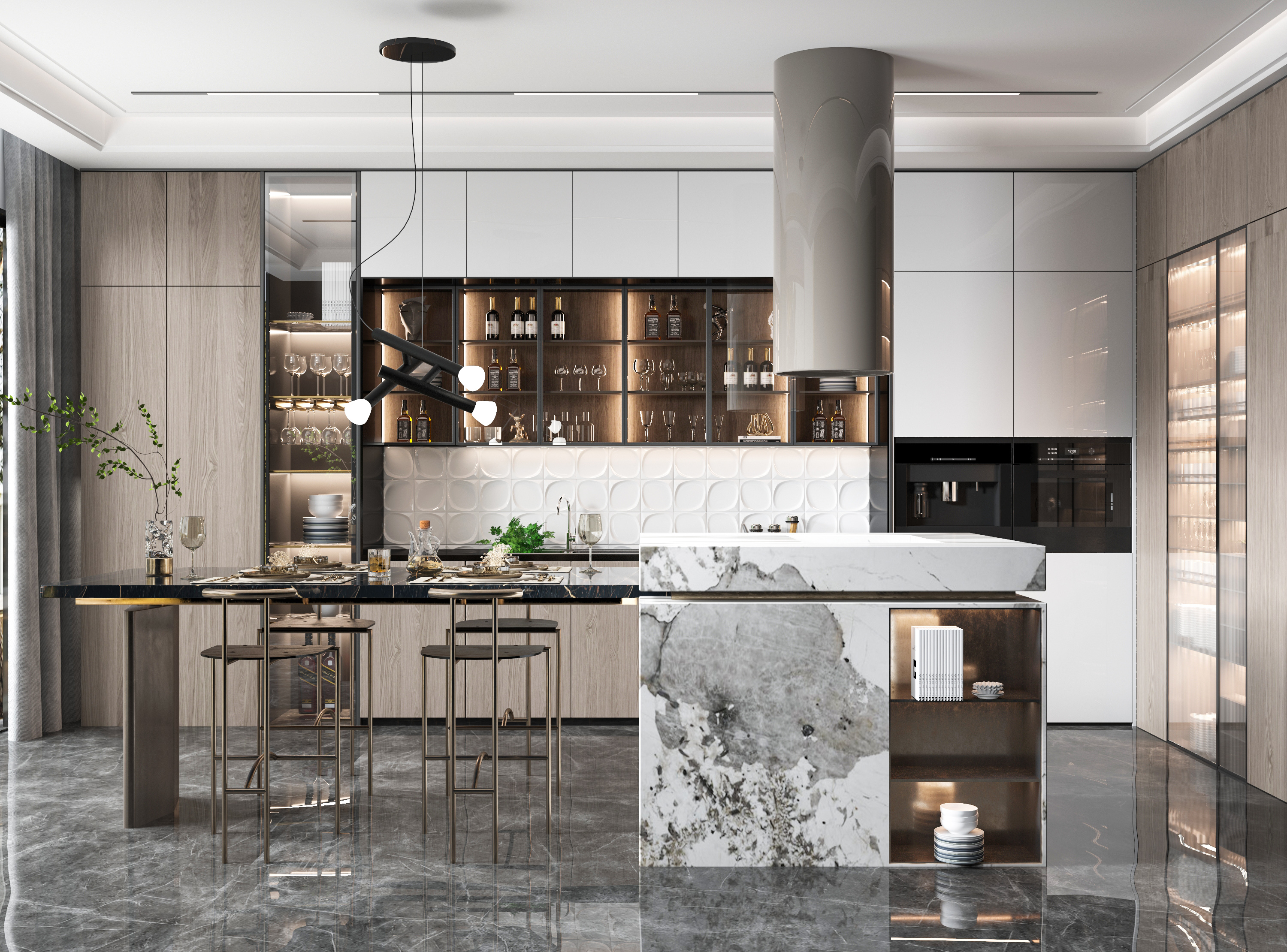Modern kitchen with marble island, bar seating, and illuminated display cabinets. Modern kitchen with marble island, bar seating, and illuminated display cabinets.