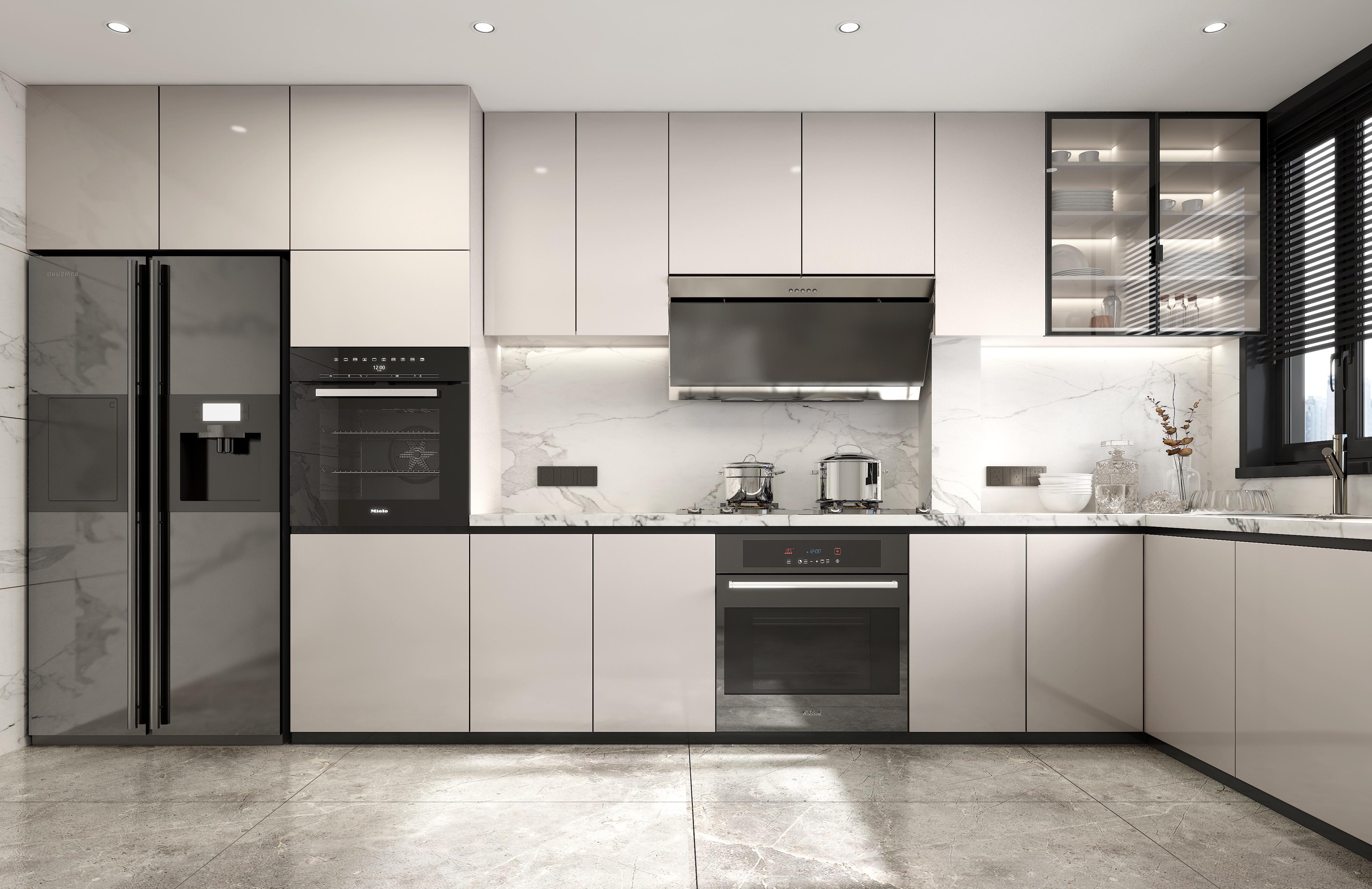 Modern minimalist kitchen with beige cabinets and black appliances.