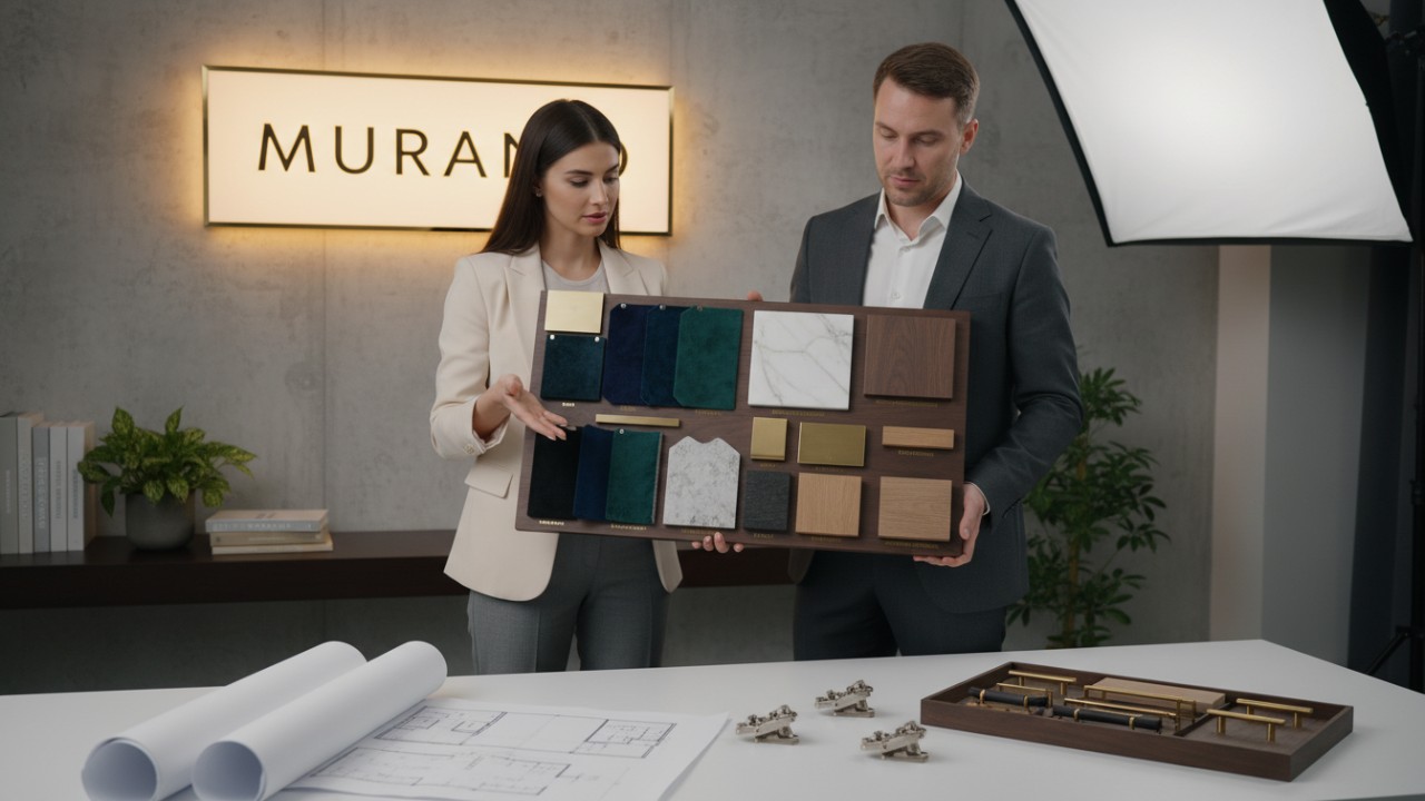 An interior designer presenting wardrobe material samples in a professional studio with a glowing MURANO brand sign in the background