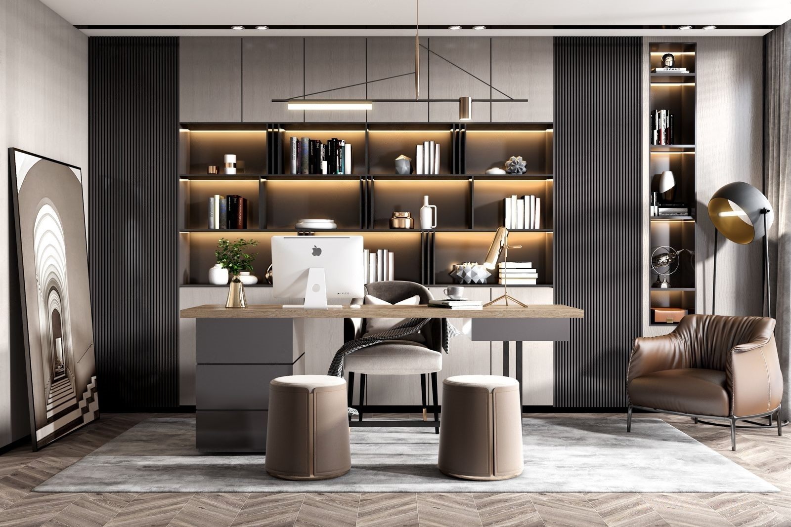 Modern home office with a minimalist desk, lighted shelving, and leather chair.