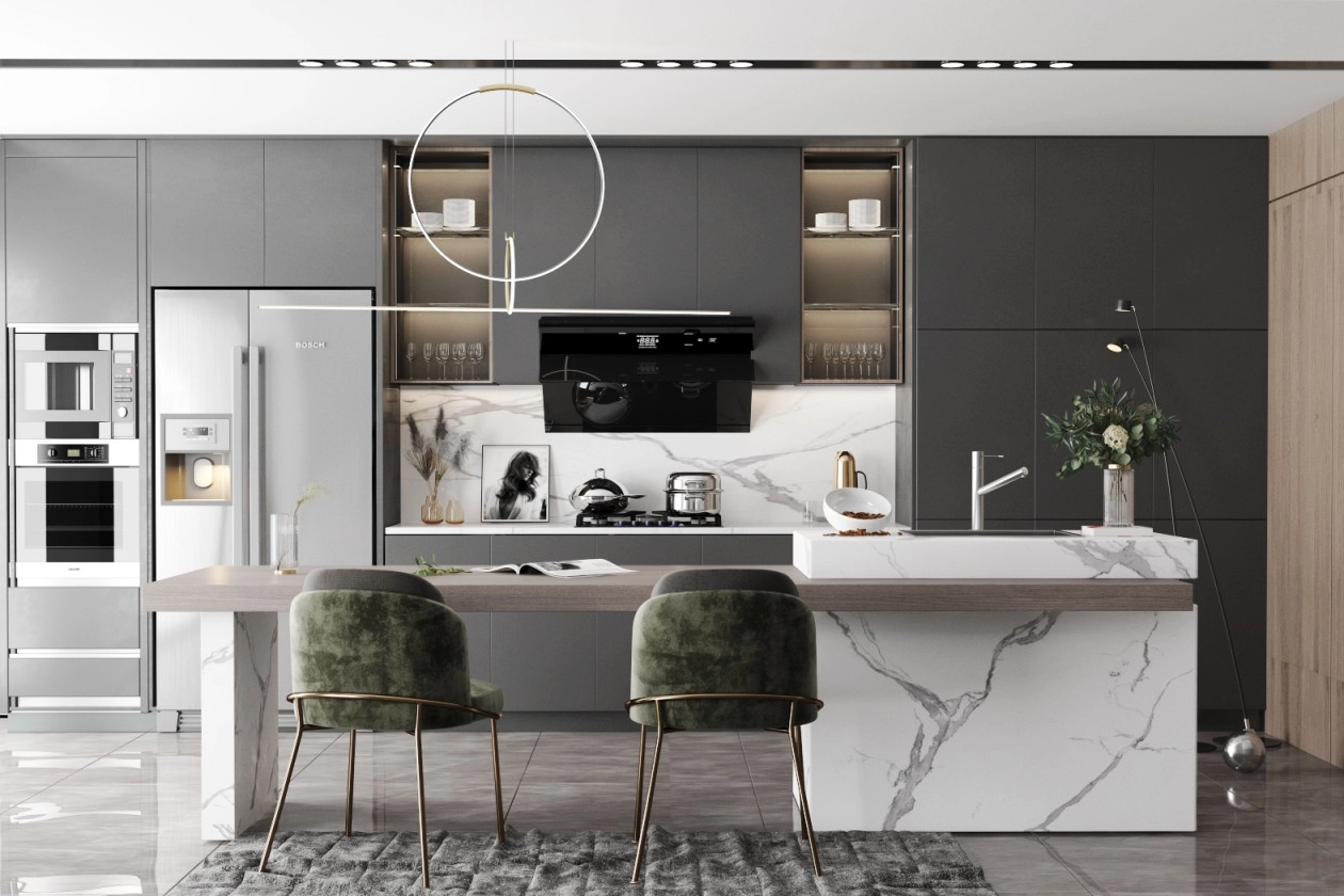 Modern gray kitchen with marble accents and island seating.