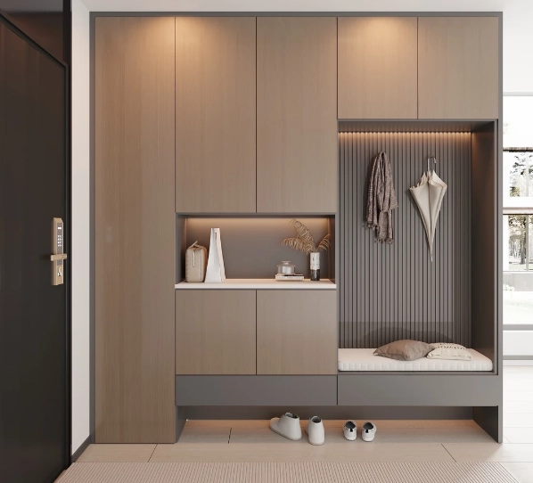 Modern wood entryway cabinet with built-in bench, lighting, and storage.