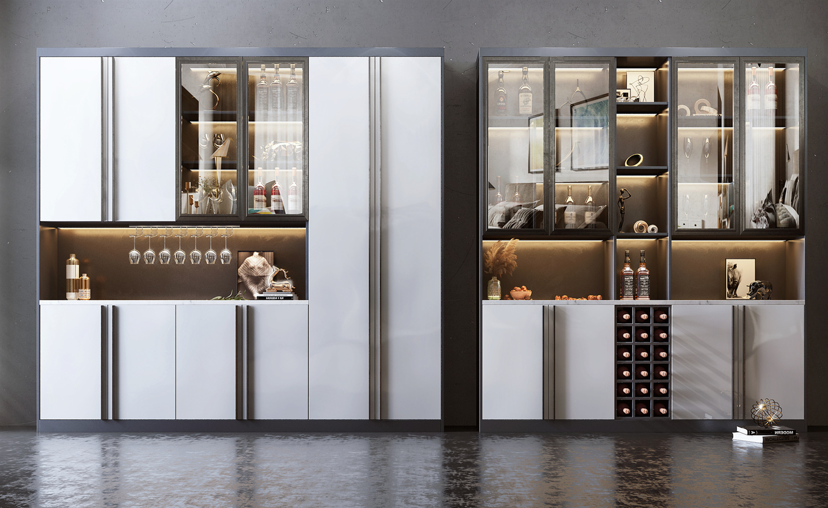 Modern white and gray bar cabinets with glass doors and wine storage.