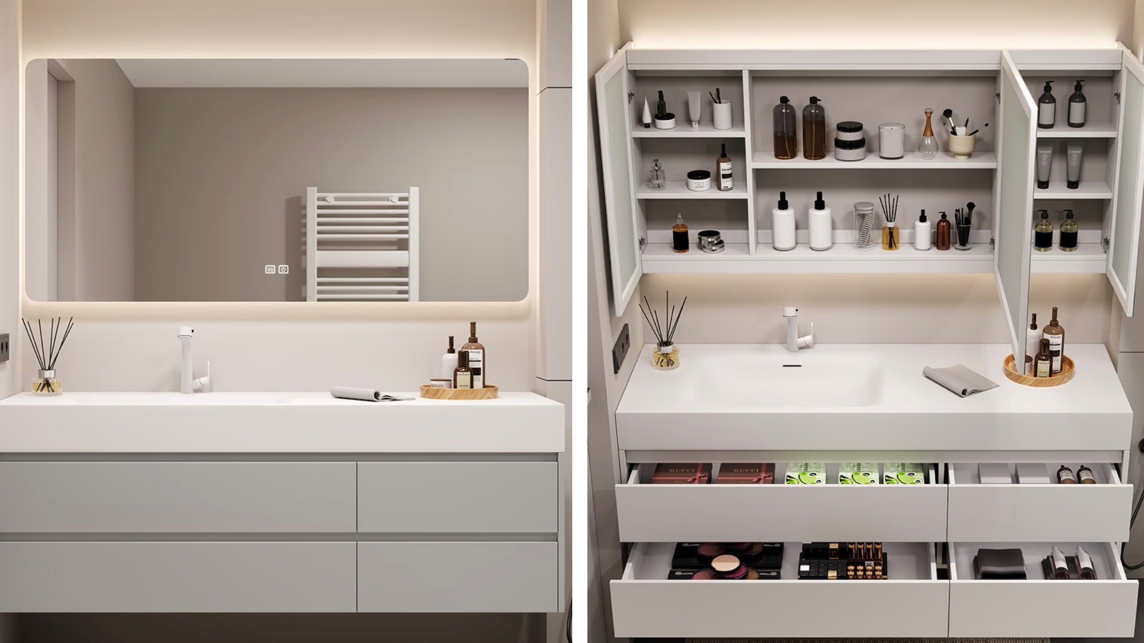 Modern bathroom vanity with LED mirror and organized storage cabinets.