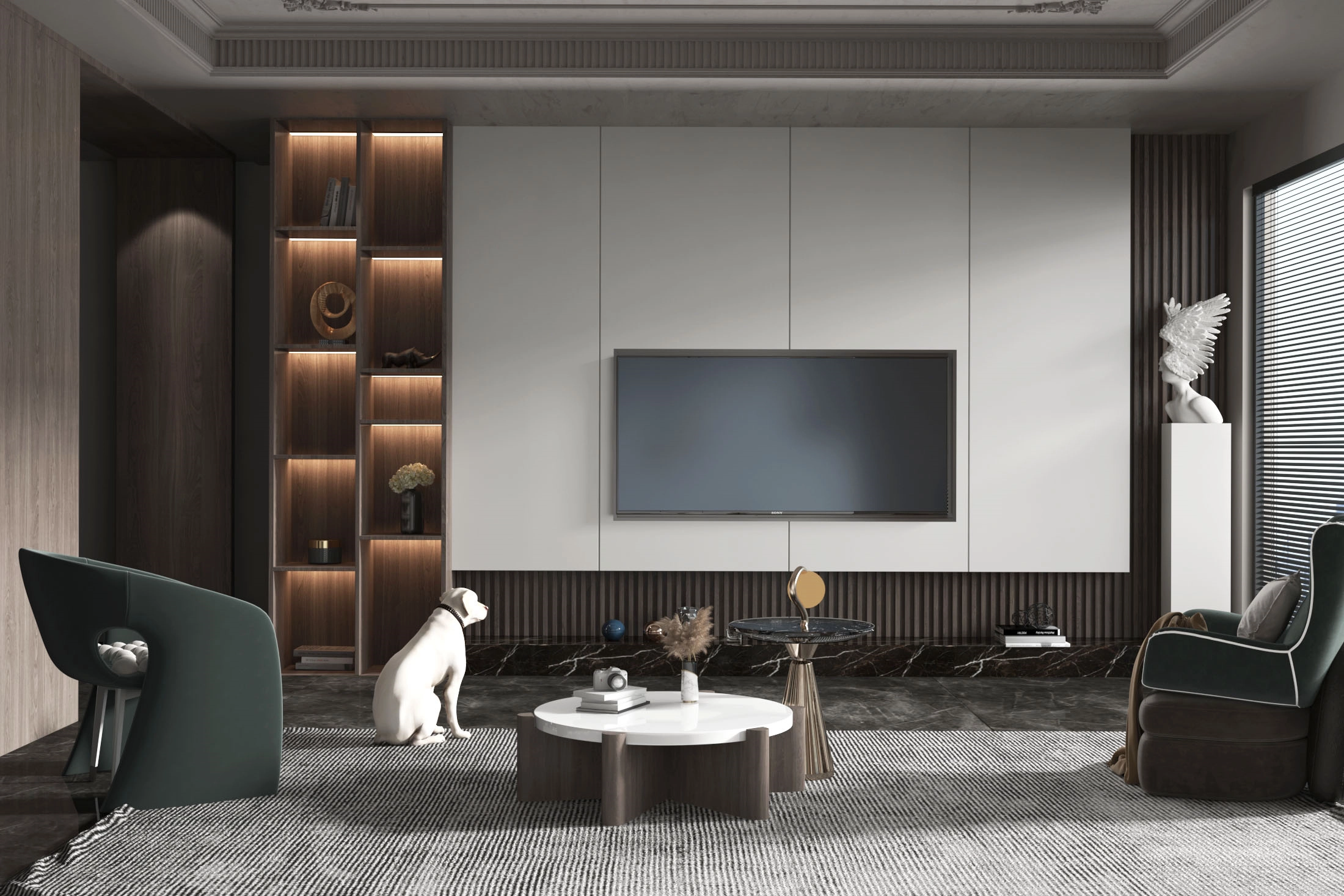 Modern living room with a wall-mounted TV and a white dog statue.