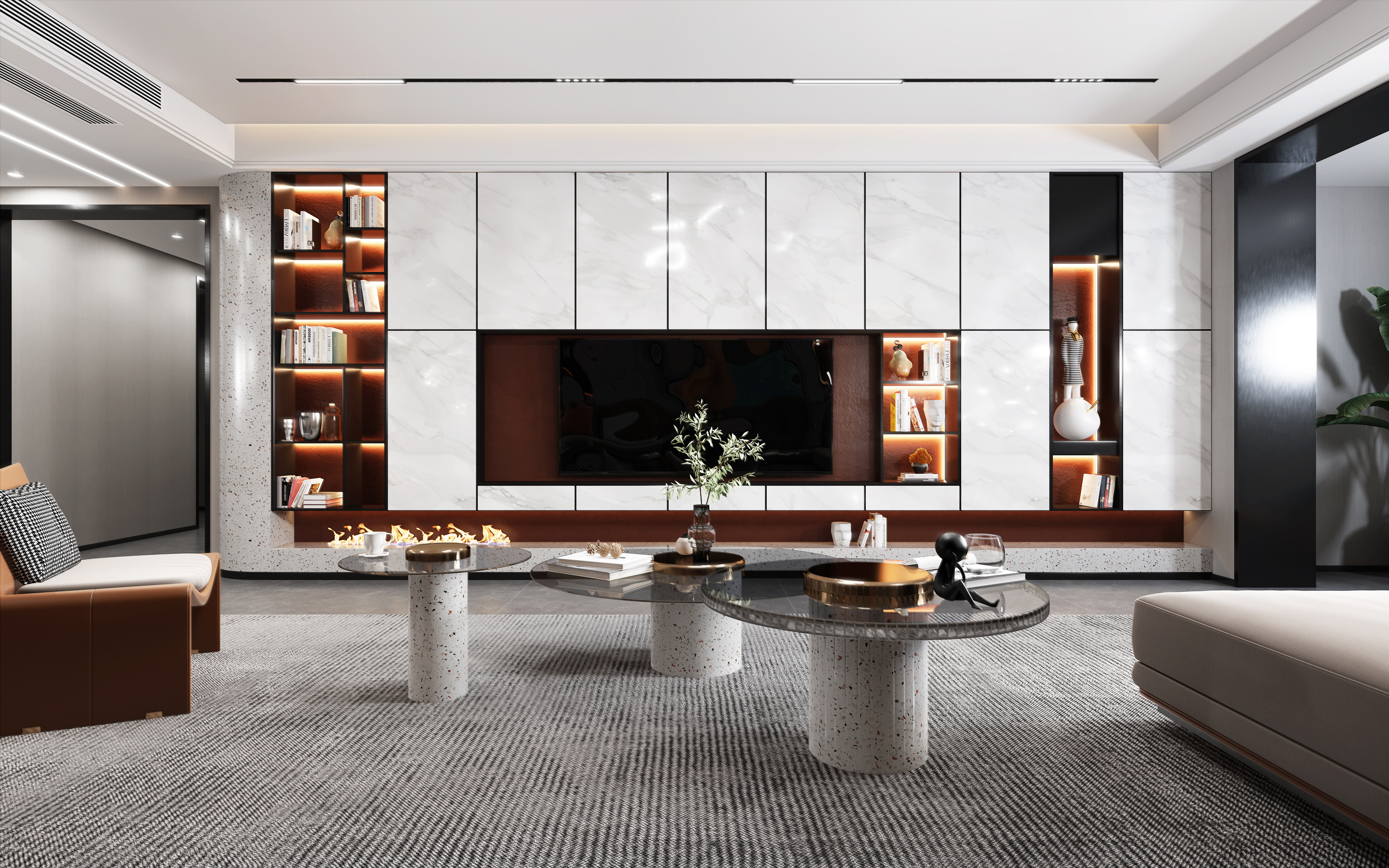 Modern living room with a marble-paneled wall unit, fireplace, and round terrazzo coffee tables.