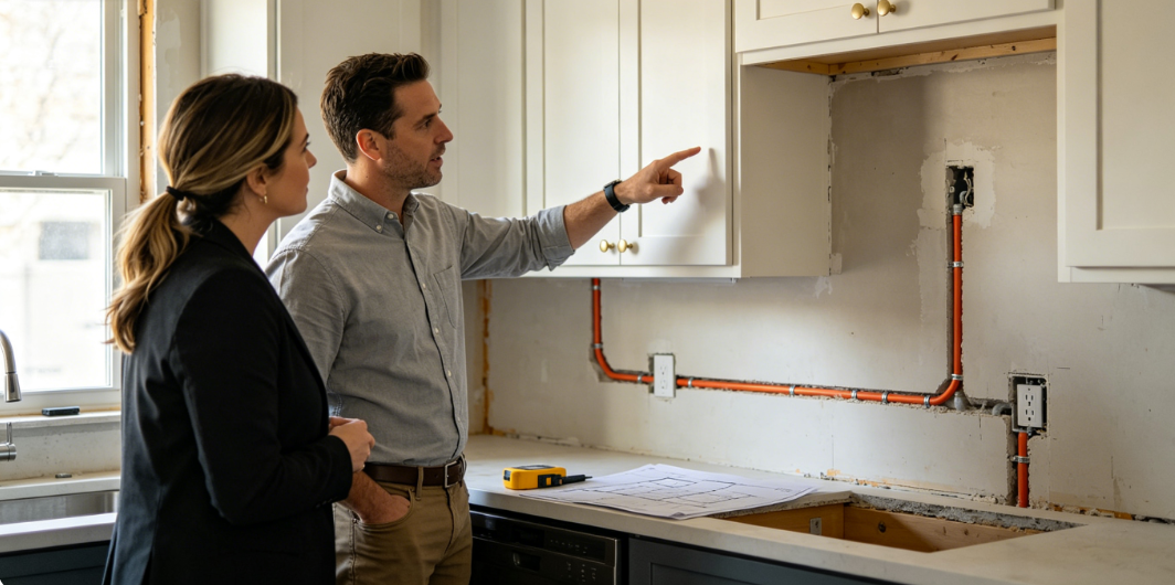 A man and woman discussing kitchen renovation plans near exposed wiring.