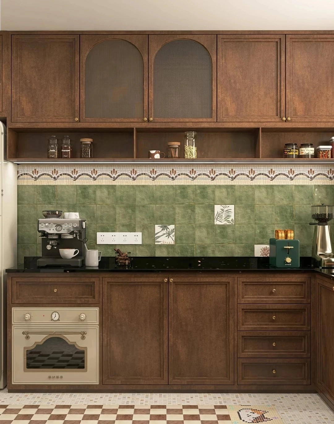 Rustic kitchen with dark wood cabinets, green tile backsplash, and vintage oven.