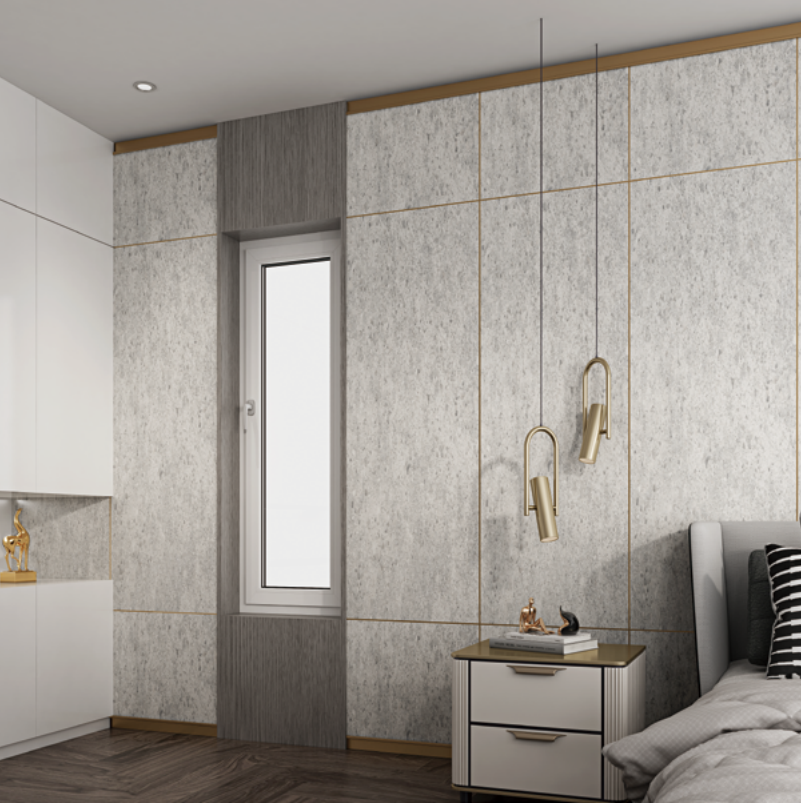 Modern bedroom with sound-absorbing wall panels, window, and bedside table with lamps. Modern bedroom with sound-absorbing wall panels, window, and bedside table with lamps.