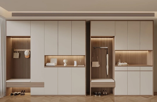 Modern minimalist wall unit with built-in shelving and integrated lighting.