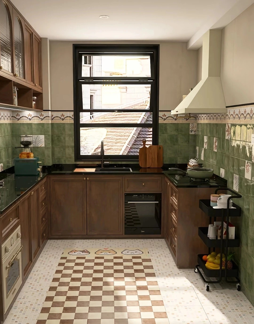 Rustic kitchen with dark wood cabinets, green tile backsplash, and vintage oven.