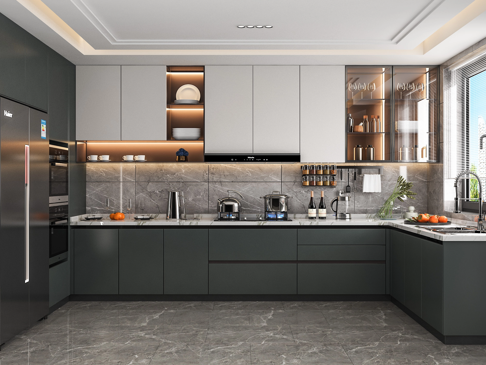 Modern kitchen with dark grey cabinets, marble backsplash, and under-cabinet lighting.