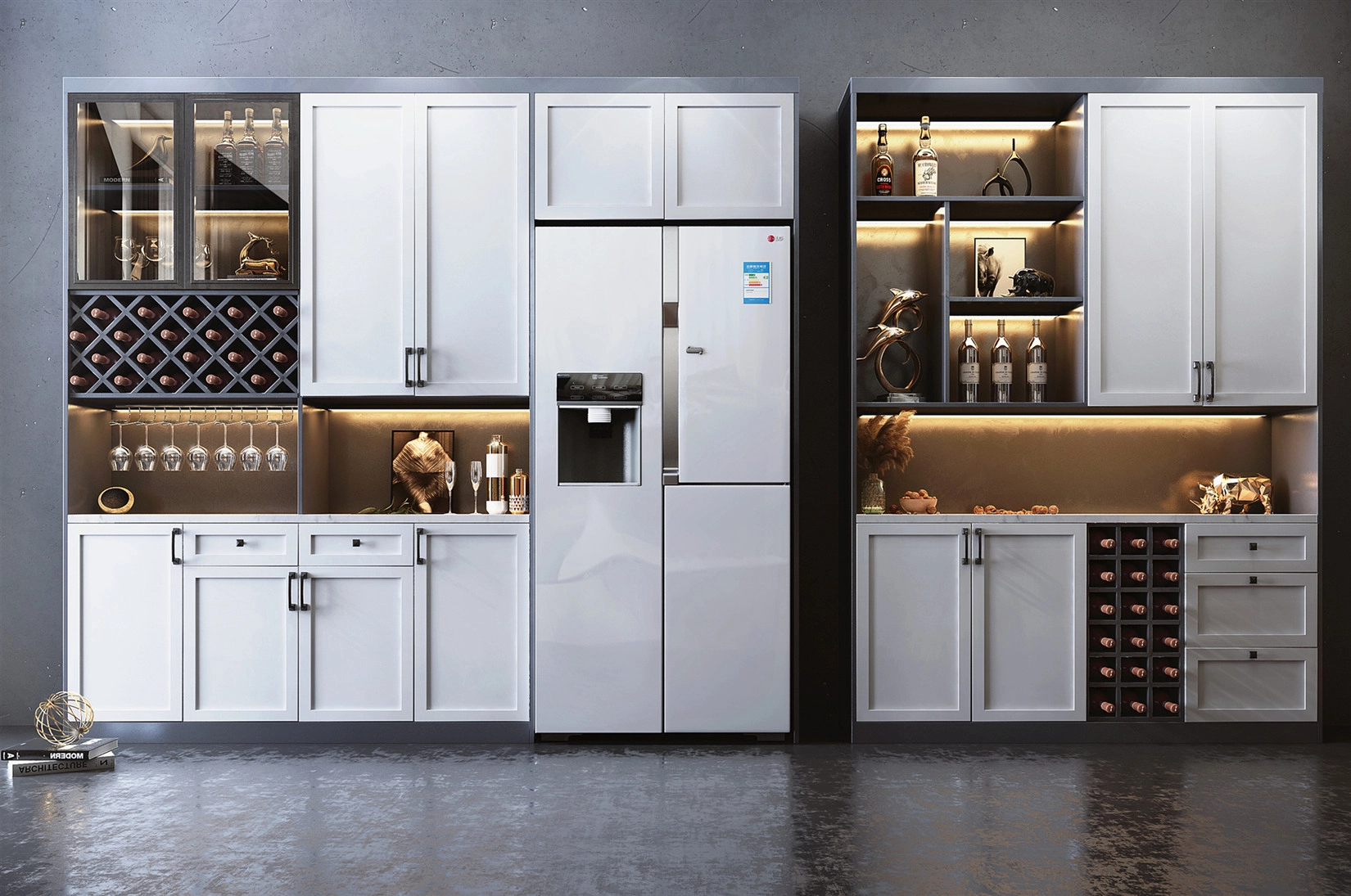 Modern kitchen with white cabinetry, wine storage, and stainless steel refrigerator. Modern kitchen with white cabinetry, wine storage, and stainless steel refrigerator.