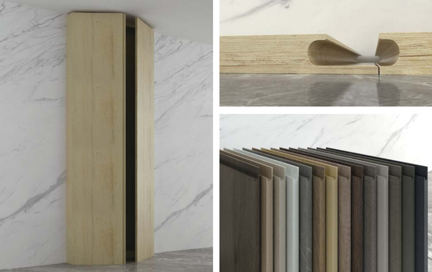 Modern wood cabinet door handles and color samples against marble walls.