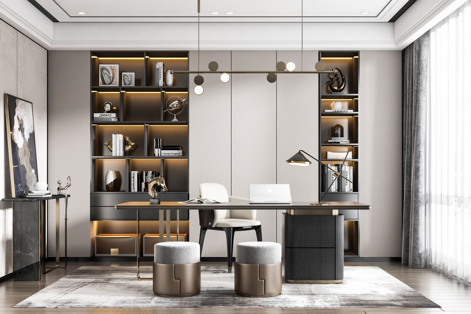 Modern luxury home office with a dark wood desk and backlit built-in shelving.