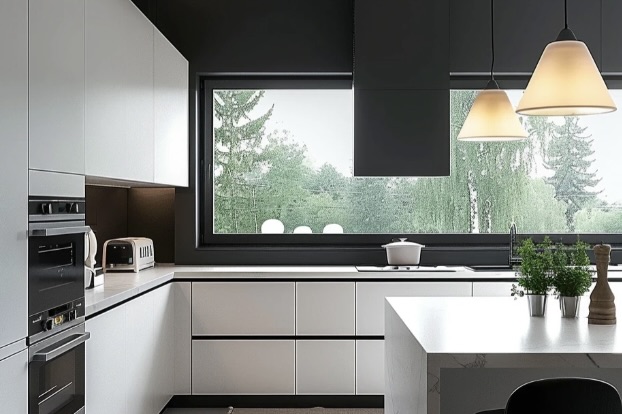 Modern minimalist kitchen with white cabinets and a large window.