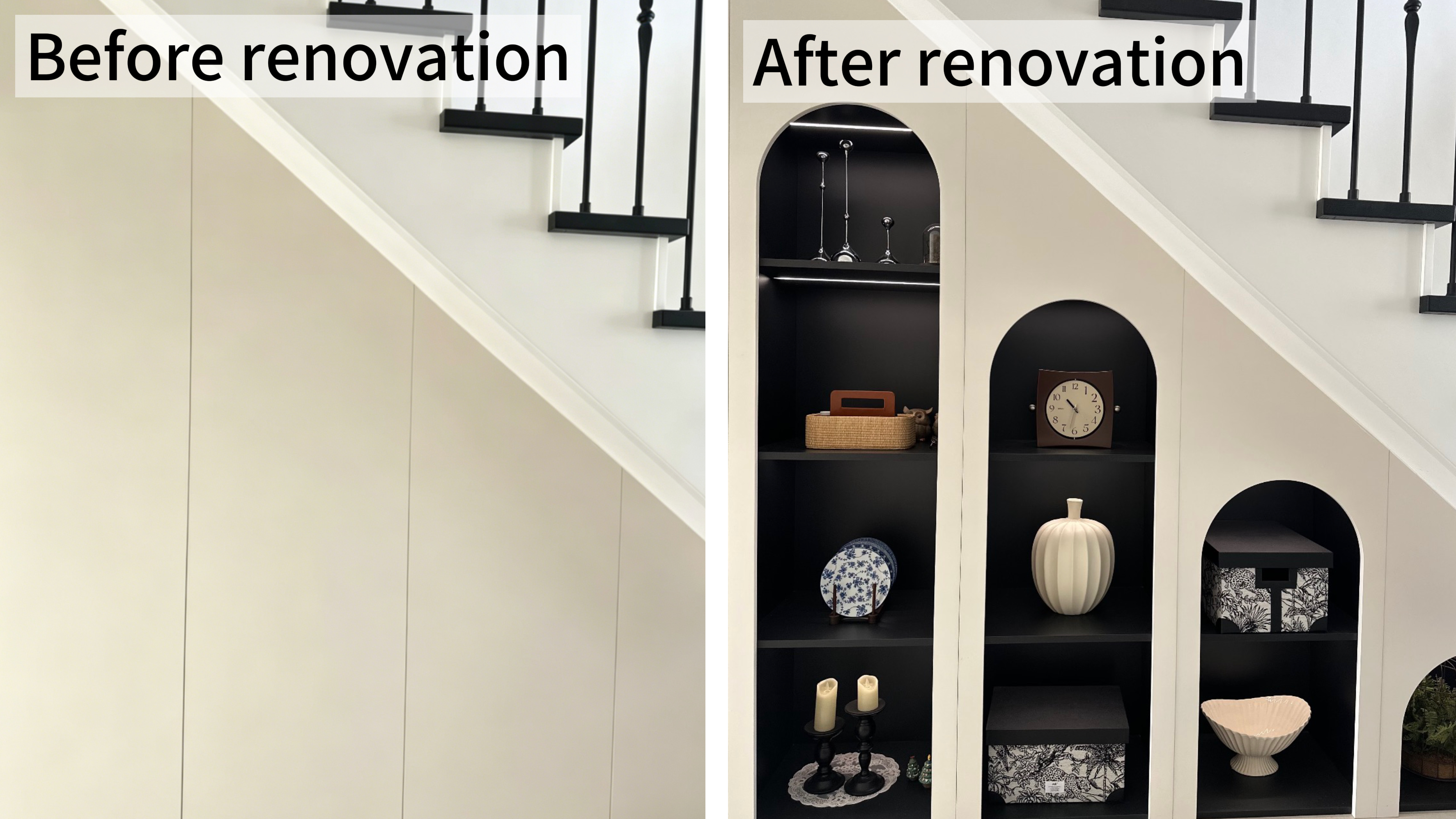 Before and after renovation of under-stairs storage into arched shelving.