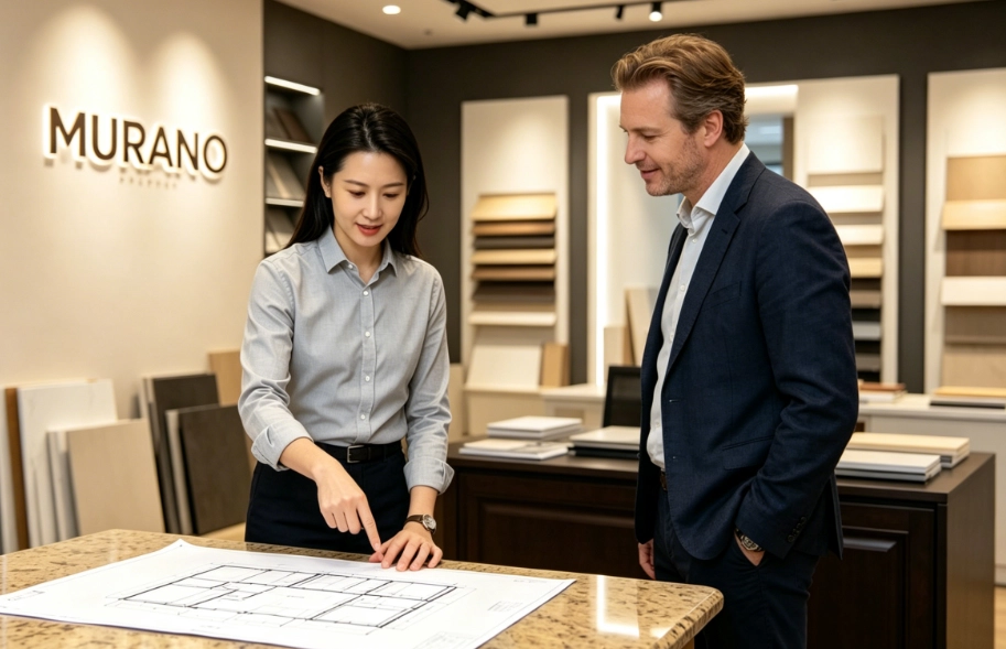 A woman and man reviewing floor plans in a Murano design showroom.