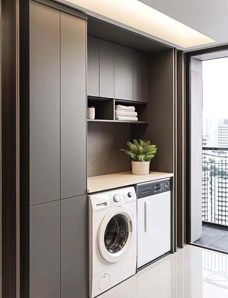 Modern-laundry-room-with-gray-cabinets,-white-washer-and-dryer,-open-shelf-with-towels,-and-balcony-access. Modern laundry room with gray cabinets, white washer and dryer, open shelf with towels, and balcony access.