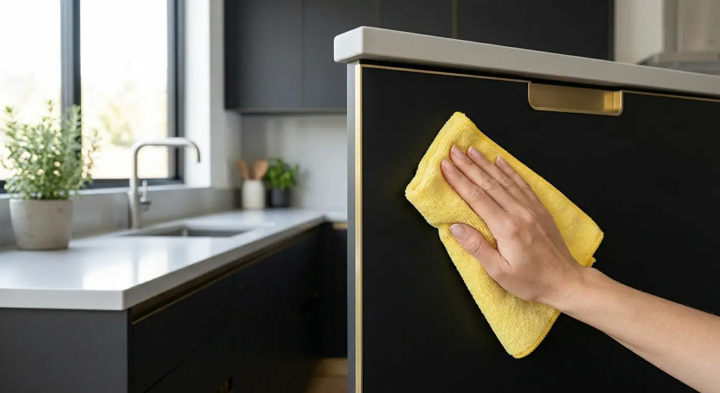 person's hand gently wiping a pristine, matte black PET kitchen cabinet door with a soft, clean yellow microfiber cloth