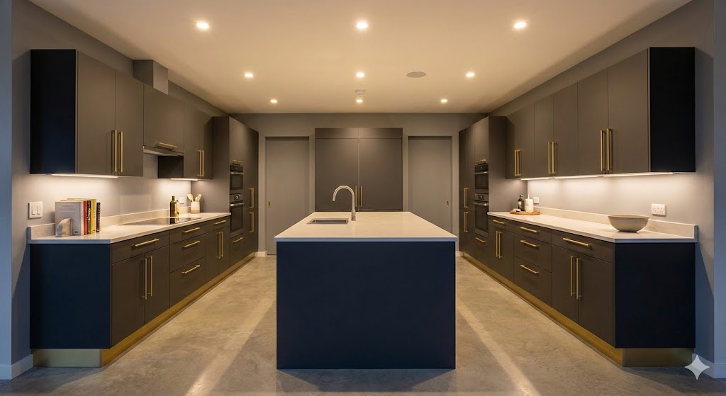 PET cabinets with brushed brass handles and toe kicks