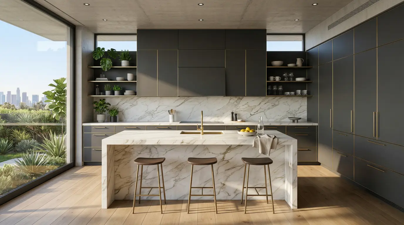 The space features matte dark grey PET cabinets with seamlessly integrated brushed brass edge profiles and handles The space features matte dark grey PET cabinets with seamlessly integrated brushed brass edge profiles and handles