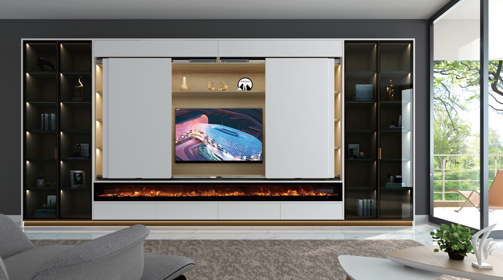 Modern living room with TV unit, electric fireplace, and glass display cabinets. Modern living room with TV unit, electric fireplace, and glass display cabinets.