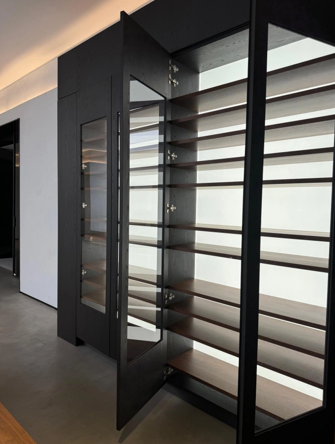 walnut and black melamine finish kitchen cabinet 1