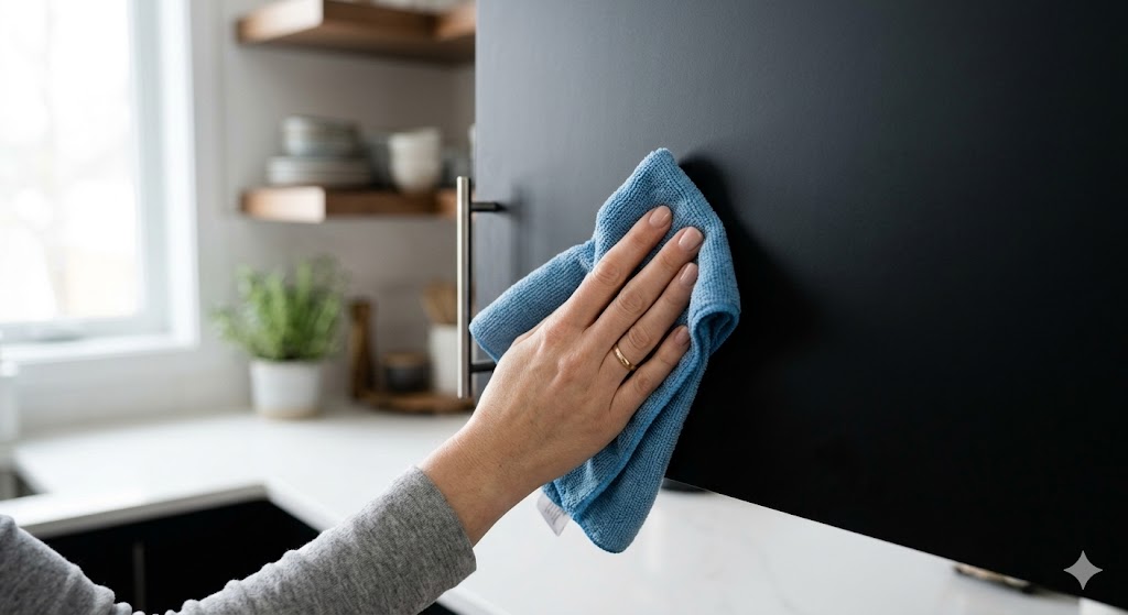 wiping a matte black kitchen cabinet door