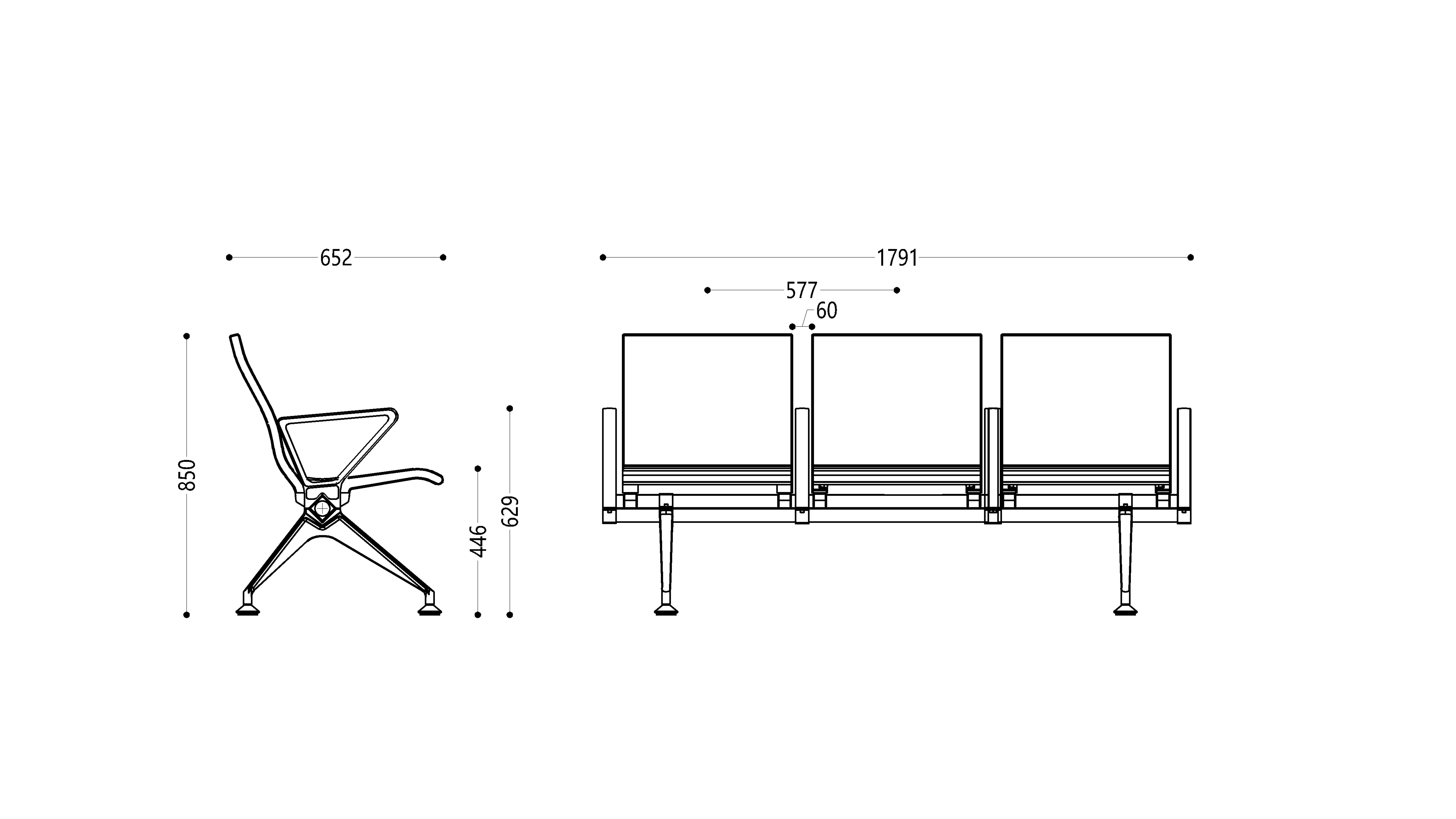 3-Seat Airport Chair Waiting Room Seat Dimension Drawing