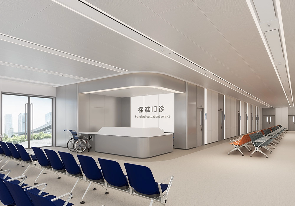 Modern hospital outpatient waiting area with a reception desk, rows of blue chairs, a wheelchair, and a view of a city skyline through large windows.