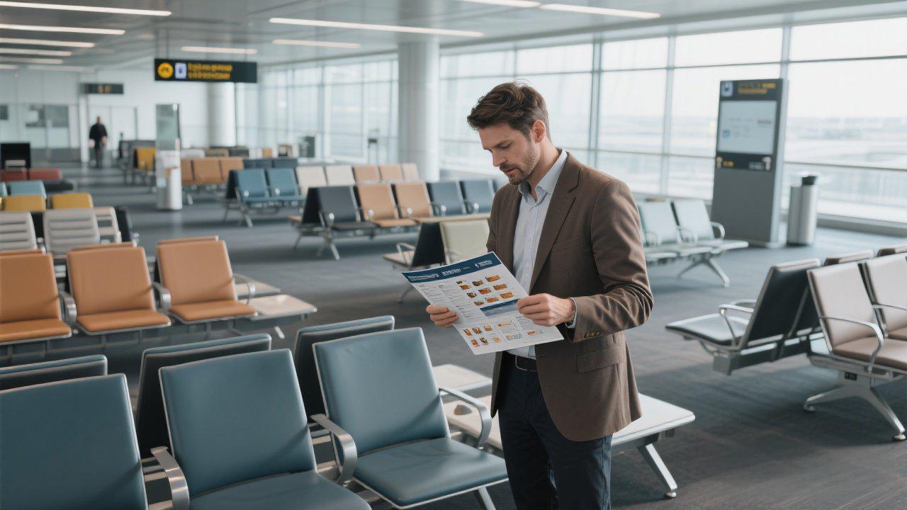 A man in a brown blazer reads a brochure while standing in an airport waiting area.