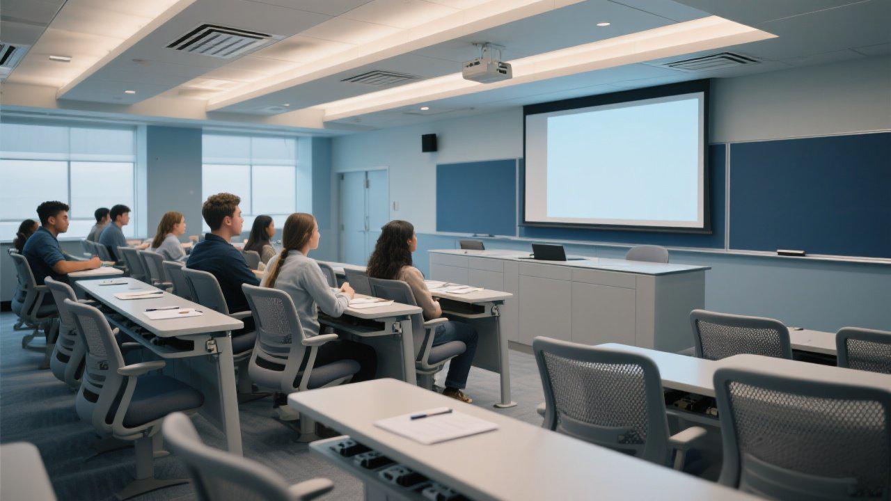 Students sitting in a modern university lecture hall facing a blank projection screen Leadsun Seating