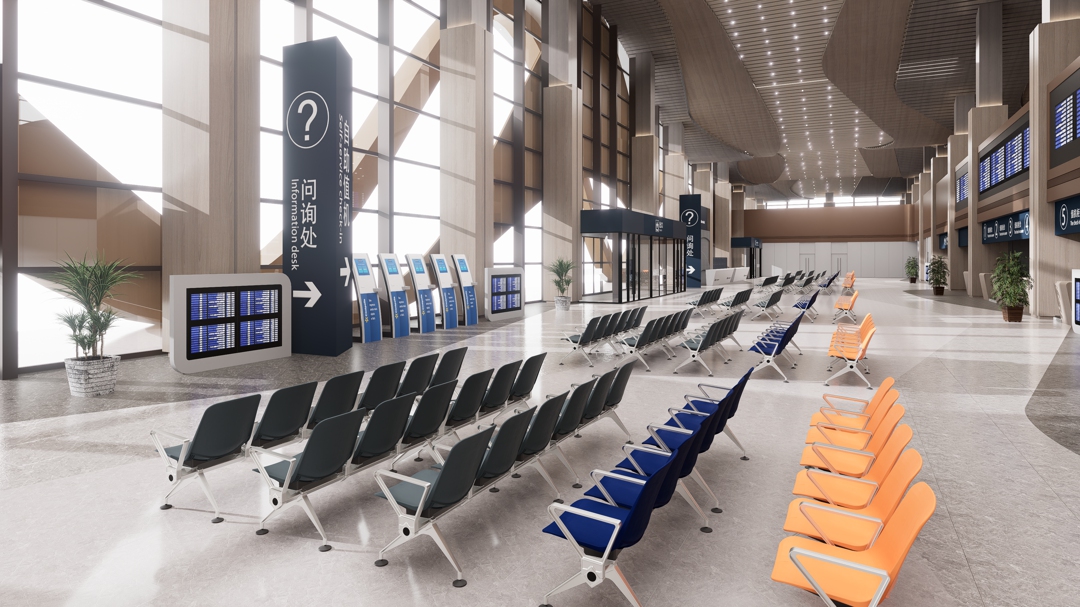 airport lounge seating LS-551 in a modern airport lounge: Passengers relax in comfortable seating near digital flight information displays and self-service check-in kiosks. A clean, bright space with modern design elements.
