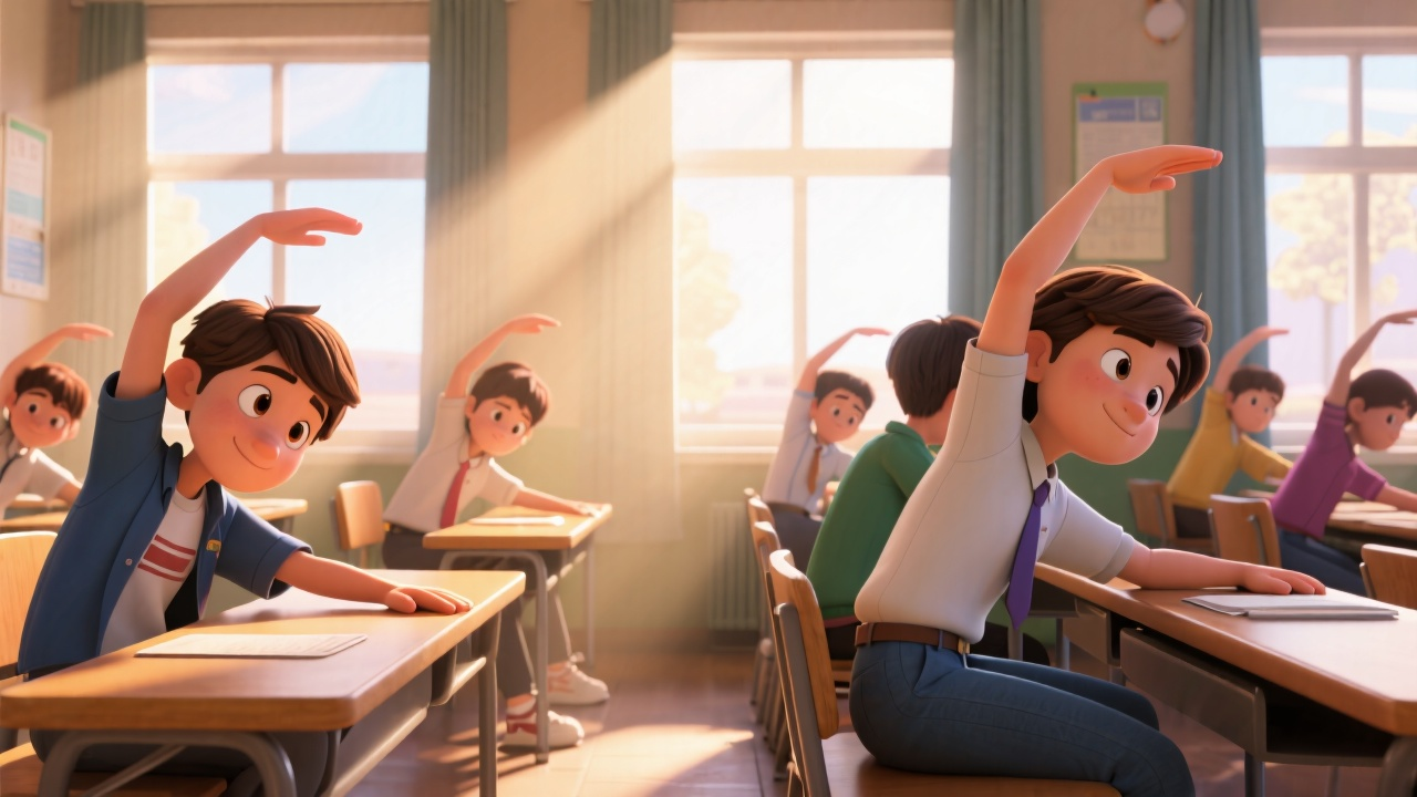 Cartoon students in a sunlit classroom sit at their desks and perform stretching exercises.leadsun seating Cartoon students in a sunlit classroom sit at their desks and perform stretching exercises.leadsun seating