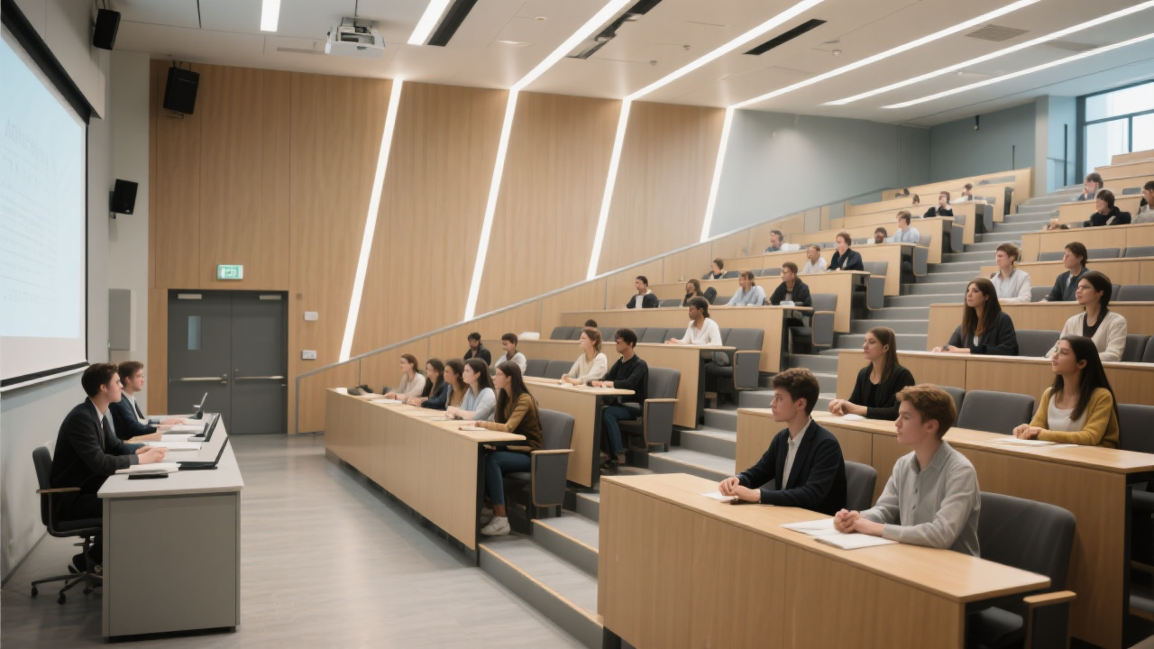A well-lit lecture hall filled with students listening to a presentation.leadsun seating