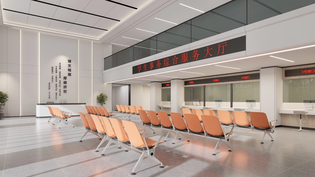 A modern student service center waiting area with orange chairs