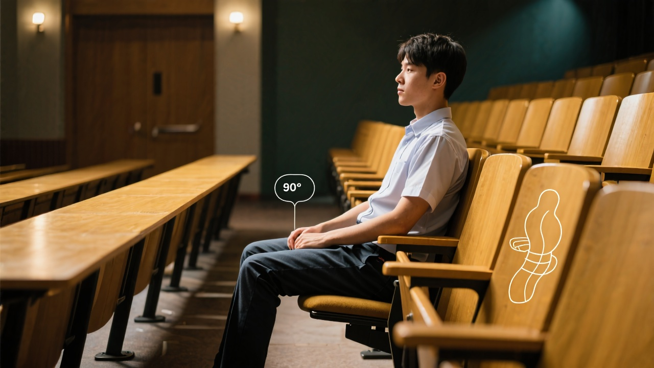 A young man sits in a mostly empty lecture hall, his knees bent at 90 degrees, demonstrating proper seating posture.leadsun seating A young man sits in a mostly empty lecture hall, his knees bent at 90 degrees, demonstrating proper seating posture.leadsun seating