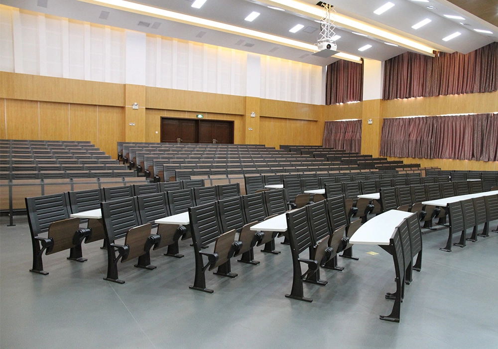 Empty lecture hall with tiered seating and individual writing desks.