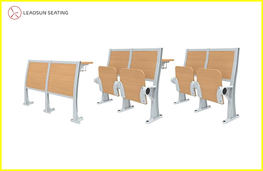 University-Table-and-Chair-Set Three light wood and silver lecture hall chairs with attached writing surfaces and a separate, matching, freestanding writing surface.