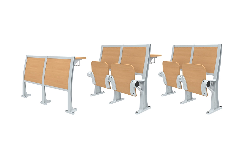 University-Table-and-Chair-Set Three light wood and silver lecture hall chairs with attached writing surfaces and a separate, matching, freestanding writing surface.
