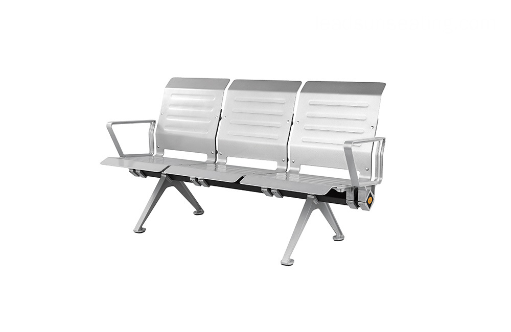 Here's a more descriptive alt text for the image:

"Three-seater silver aluminum bench with armrests, sleek modern design, on a white background."
