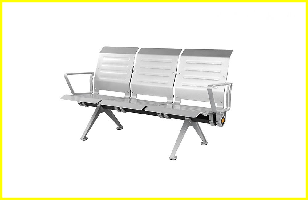 Here's a more descriptive alt text for the image:
"Three-seater silver aluminum bench with armrests, sleek modern design, on a white background."