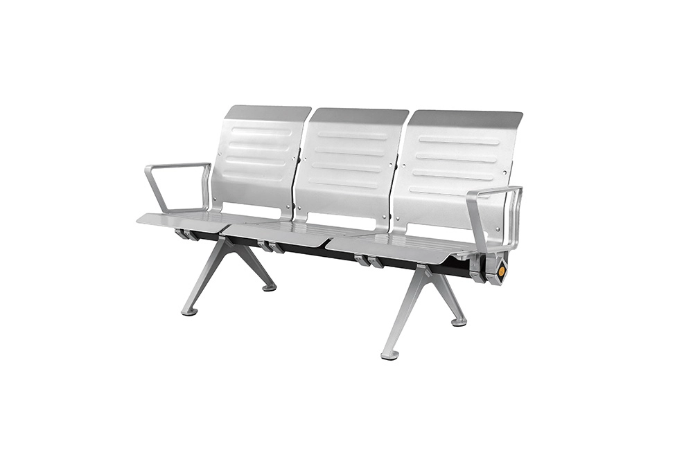 Aluminum-Ergonomic-Waiting-ChairLS-529AL Here's a more descriptive alt text for the image:
"Three-seater silver aluminum bench with armrests, sleek modern design, on a white background."