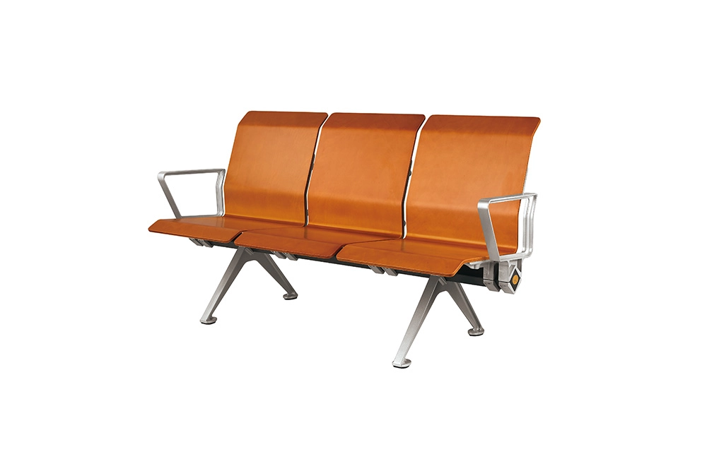 Wooden-Waiting-Chairs-LS-529M Three-seat waiting bench with orange leather upholstery and silver metal legs and arms.