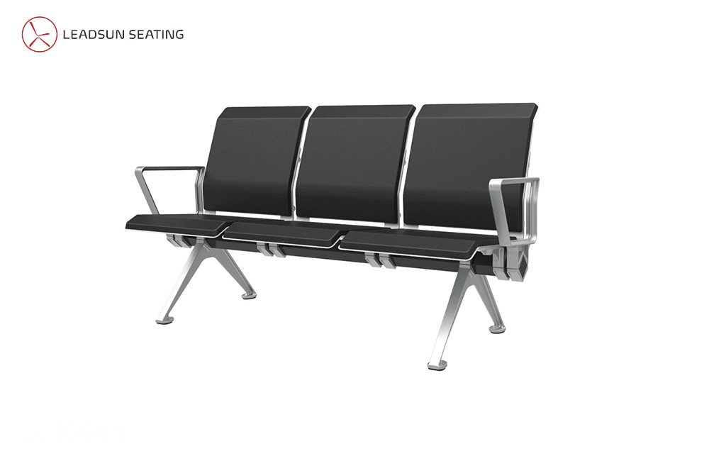 PU-Waiting-Chairs-LS-529Y Three-seat waiting bench with black upholstered seats and silver aluminum legs and arms.